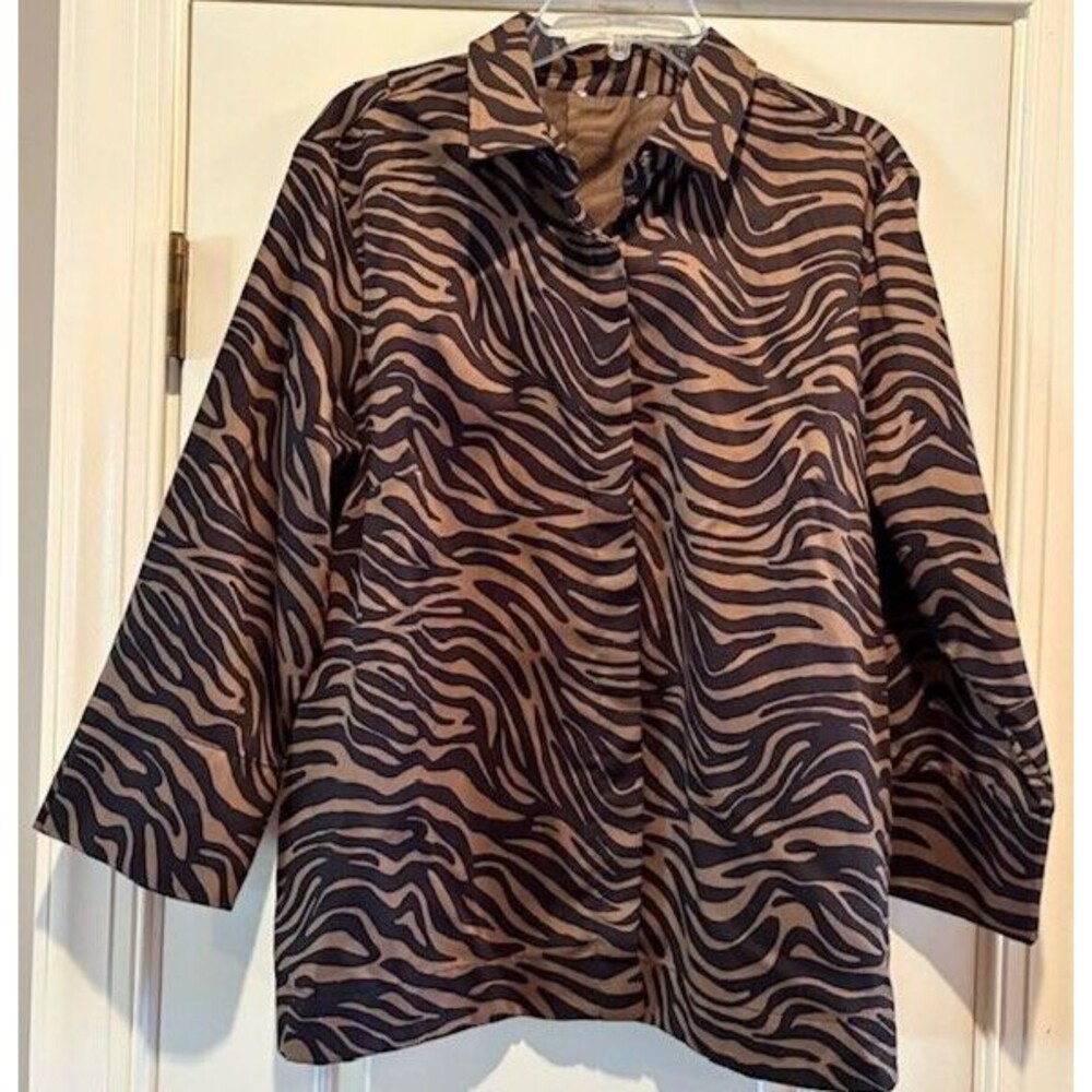 ZENA~Woman Size 2X~ Black/Brown Animal Print Button-Up Top Cotton Blouse